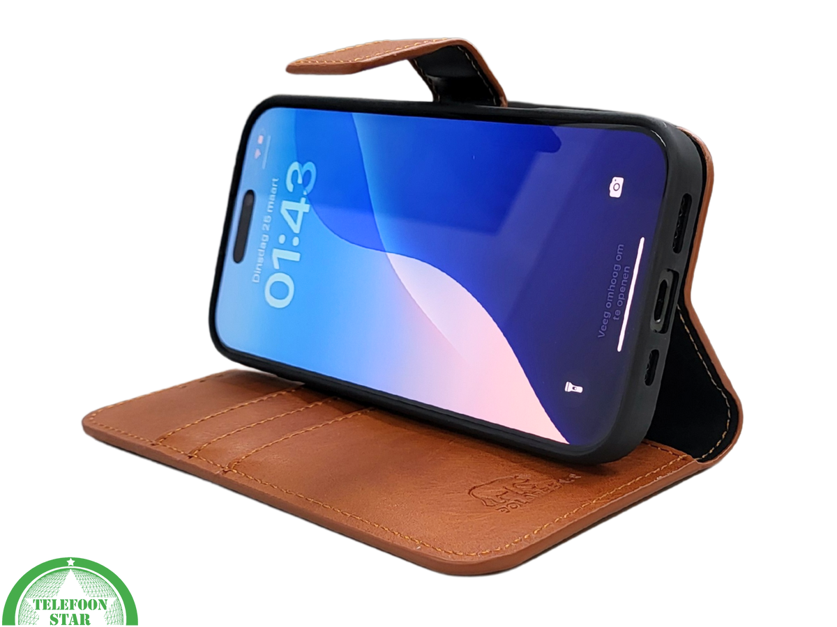 iPhone 16 Pro Max Insteekhoesje Lichtbruin &ndash; Stijlvolle Leren Look met Open Bovenkant