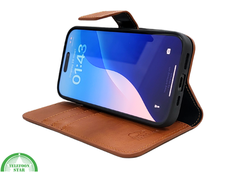 iPhone 16 Pro Max Insteekhoesje Lichtbruin &ndash; Stijlvolle Leren Look met Open Bovenkant