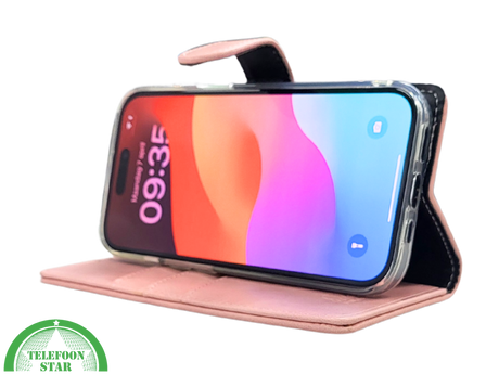 iPhone 15 Plus Hoesje Roze &ndash; Bookcase met Pasjeshouder en Leren Look