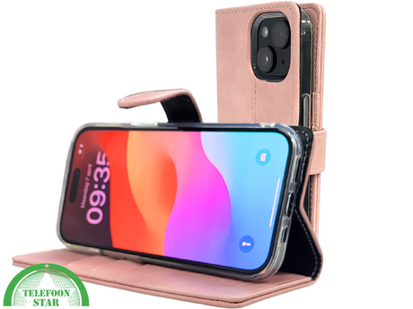 iPhone 15 Plus Hoesje Roze &ndash; Bookcase met Pasjeshouder en Leren Look