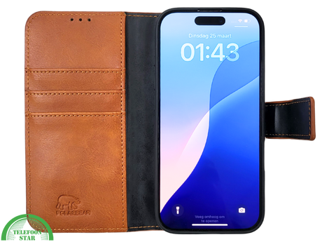 iPhone 16 Pro Max Insteekhoesje Lichtbruin &ndash; Stijlvolle Leren Look met Open Bovenkant