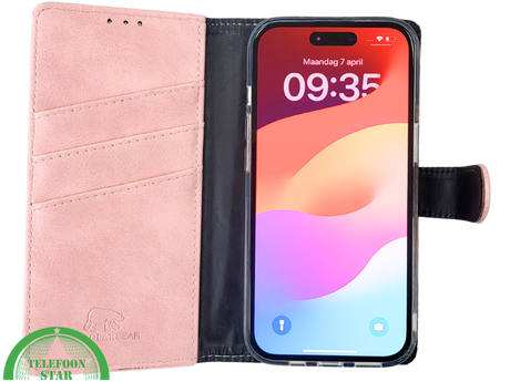iPhone 15 Plus Hoesje Roze &ndash; Bookcase met Pasjeshouder en Leren Look