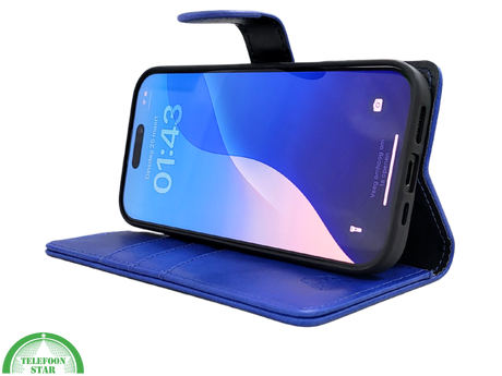 iPhone 16 Pro Bookcase Hoesje Blauw &ndash; Leren Look met Magnetische Sluiting