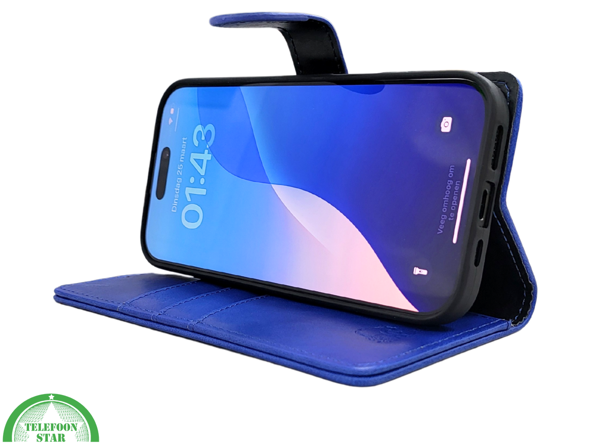 iPhone 16 Pro Max Bookcase Hoesje Blauw &ndash; Leren Look met Magnetische Sluiting