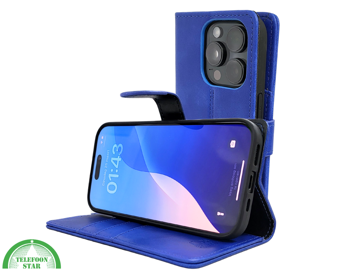 iPhone 16 Pro Max Bookcase Hoesje Blauw &ndash; Leren Look met Magnetische Sluiting