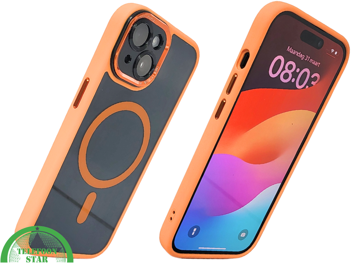 iPhone 15 MagSafe Hoesje Oranje-Zwart &ndash; Sportieve Look met Magnetische MagSafe Ring