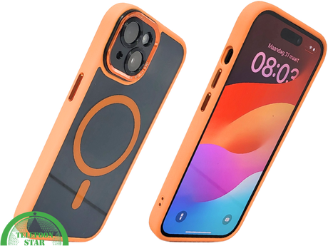iPhone 15 Plus MagSafe Hoesje Oranje-Zwart &ndash; Sportieve Look met Magnetische MagSafe Ring