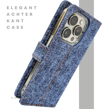 iPhone 15 Pro Jeans Look Hoesje &ndash; Stoere Bookcase met Pasjeshouder | Telefoonstar