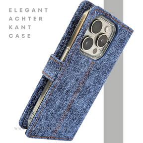 iPhone 15 Pro Max Jeans Look Hoesje &ndash; Stoere Bookcase met Pasjeshouder | Telefoonstar