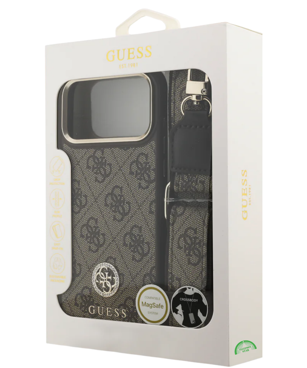 Hoesje voor iPhone 17 Pro Bruin Guess afneembare schouder- en polsband