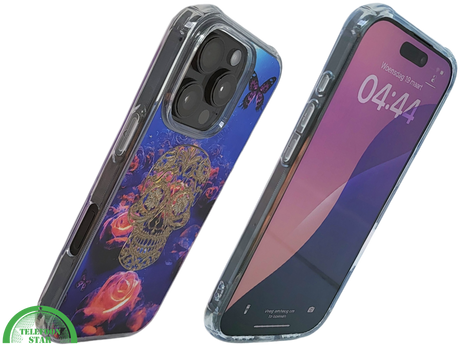 iPhone 16 Pro Hoesje Gouden Skull Design Transparant Telefoonhoesje met Paarse Bloemenprint