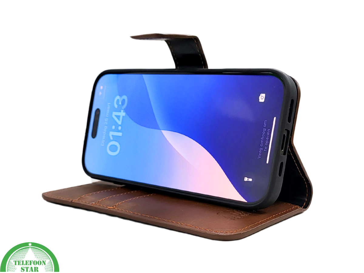iPhone 16 Pro Insteekhoesje Klassiek Bruin &ndash; Tijdloze Leren Look met Open Bovenkant