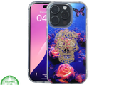 iPhone 16 Pro Hoesje Gouden Skull Design Transparant Telefoonhoesje met Paarse Bloemenprint