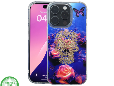 iPhone 16 Pro Hoesje Gouden Skull Design Transparant Telefoonhoesje met Paarse Bloemenprint