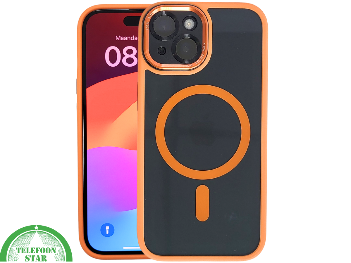 iPhone 15 MagSafe Hoesje Oranje-Zwart &ndash; Sportieve Look met Magnetische MagSafe Ring