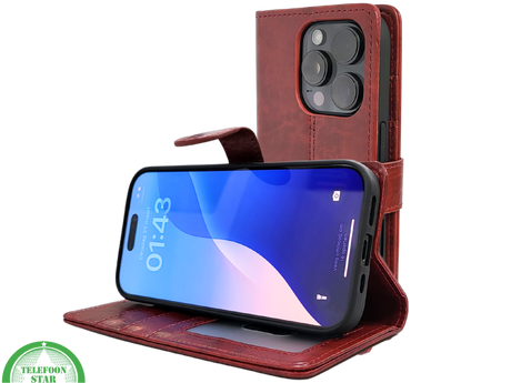 iPhone 16 Pro Bookcase Hoesje Rood &ndash; Vintage Leren Look met Magnetische Sluiting
