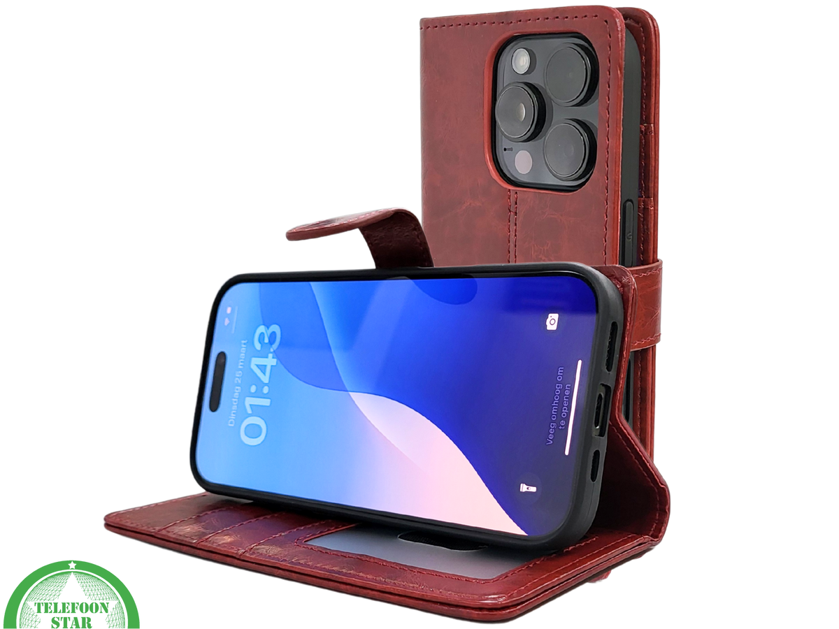 iPhone 16 Pro Max Bookcase Hoesje Rood &ndash; Vintage Leren Look met Magnetische Sluiting