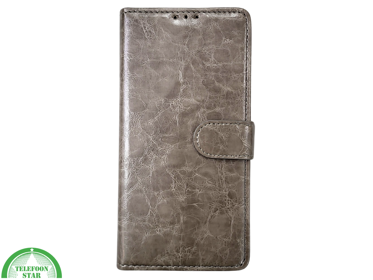 iPhone 16 Pro Max Bookcase Hoesje Taupe &ndash; Vintage Leren Look met Magnetische Sluiting
