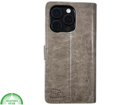 iPhone 16 Pro Bookcase Hoesje Taupe &ndash; Vintage Leren Look met Magnetische Sluiting