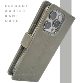 iPhone 15 Pro Max Hoesje Grijs &ndash; Elegant Bookcase met Pasjeshouder | Telefoonstar