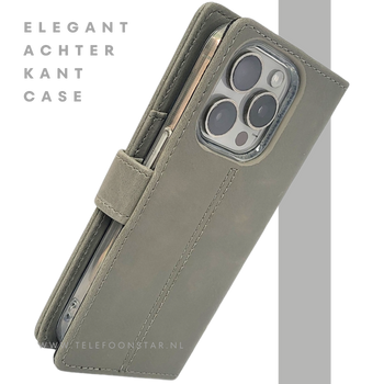 iPhone 15 Pro Max Hoesje Grijs &ndash; Elegant Bookcase met Pasjeshouder | Telefoonstar