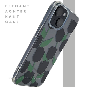 iPhone 15 Hoesje &ndash; Transparant met Zwarte Tulpenprint | Stijlvol, Nederlands &amp; Beschermend