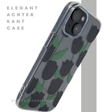 iPhone 15 Hoesje &ndash; Transparant met Zwarte Tulpenprint | Stijlvol, Nederlands &amp; Beschermend
