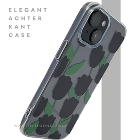 iPhone 15 Hoesje &ndash; Transparant met Zwarte Tulpenprint | Stijlvol, Nederlands &amp; Beschermend