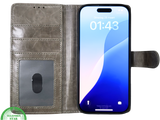iPhone 16 Pro Bookcase Hoesje Taupe &ndash; Vintage Leren Look met Magnetische Sluiting