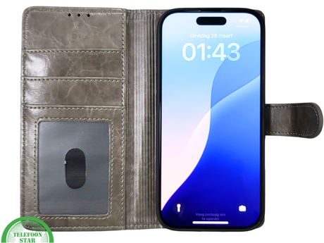 iPhone 16 Pro Bookcase Hoesje Taupe &ndash; Vintage Leren Look met Magnetische Sluiting
