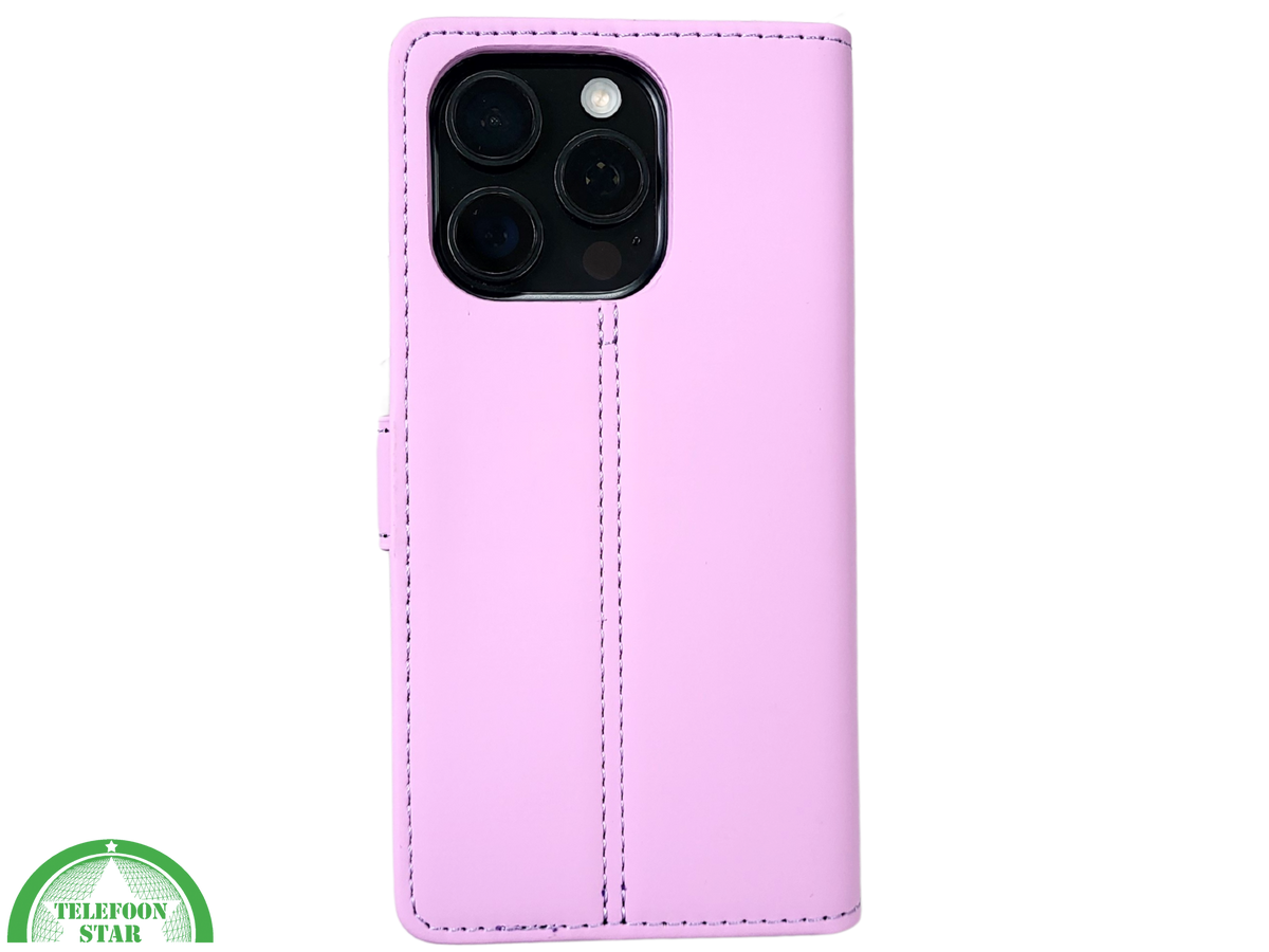 iPhone 16 Pro Bookcase Hoesje Lichtroze &ndash; Elegante Leren Look met Magnetische Sluiting