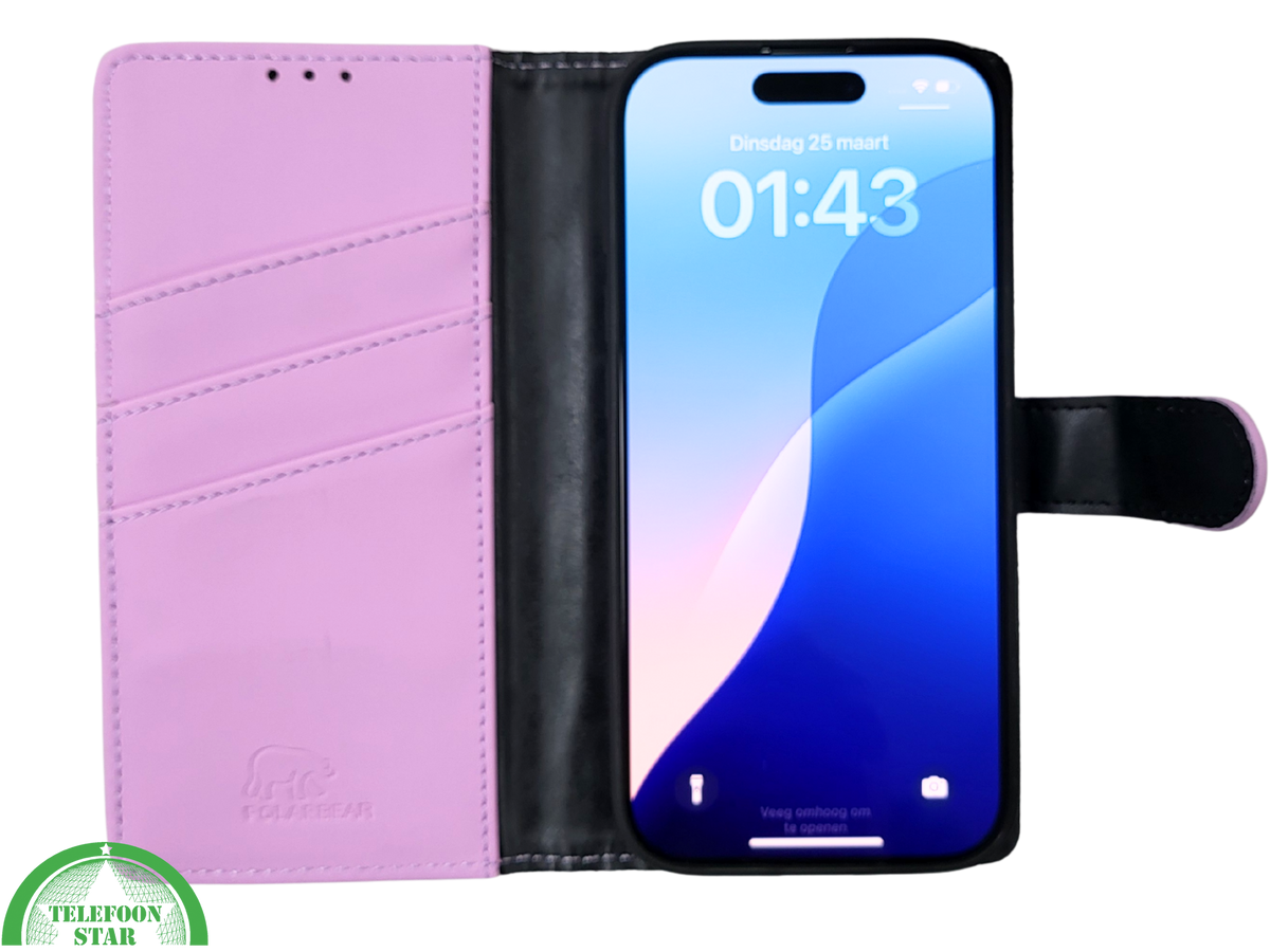 iPhone 16 Pro Bookcase Hoesje Lichtroze &ndash; Elegante Leren Look met Magnetische Sluiting