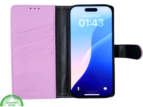 iPhone 16 Pro Bookcase Hoesje Lichtroze &ndash; Elegante Leren Look met Magnetische Sluiting