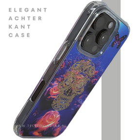 iPhone 16 Pro Hoesje Gouden Skull Design Transparant Telefoonhoesje met Paarse Bloemenprint