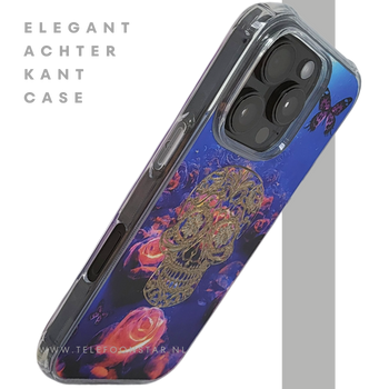 iPhone 16 Pro Hoesje Gouden Skull Design Transparant Telefoonhoesje met Paarse Bloemenprint