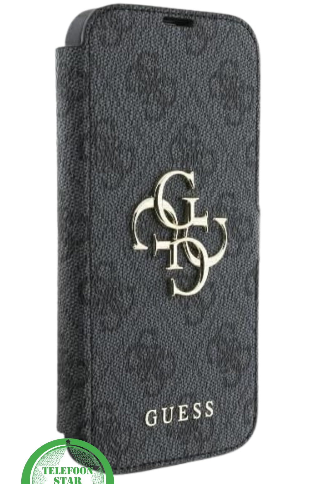 Hoesje voor iPhone 15 Bookcase &ndash; Luxe Zwart Lederen Look met Goudkleurig Logo
