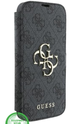 Hoesje voor iPhone 15 Bookcase &ndash; Luxe Zwart Lederen Look met Goudkleurig Logo