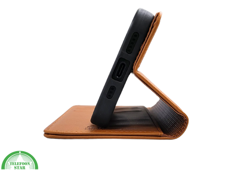 iPhone 16 Pro Bookcase Hoesje Cognac &ndash; Leren Look met Magnetische Sluiting