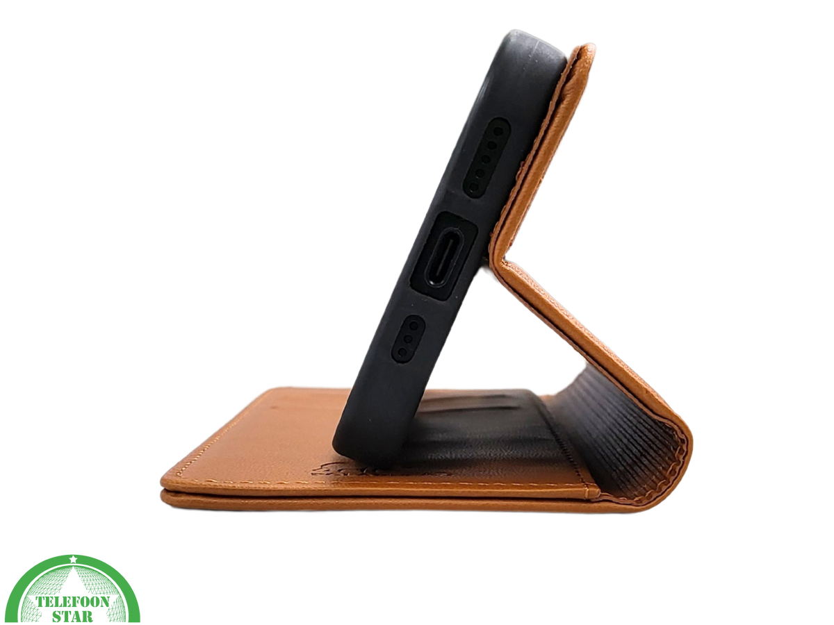 iPhone 16 Pro Max Bookcase Hoesje Cognac &ndash; Leren Look met Magnetische Sluiting