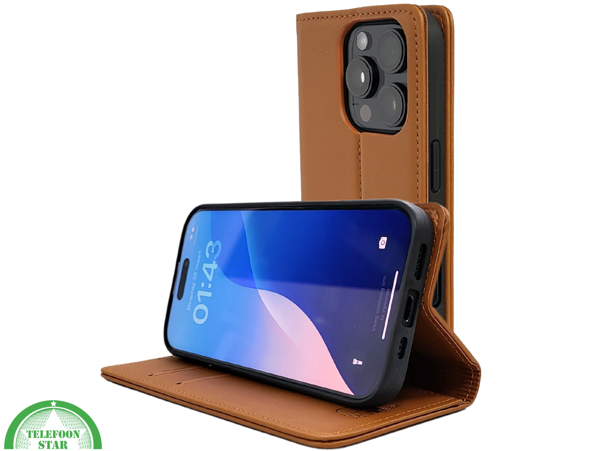 iPhone 16 Pro Max Bookcase Hoesje Cognac &ndash; Leren Look met Magnetische Sluiting
