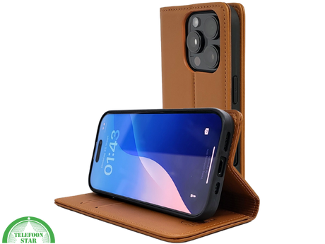 iPhone 16 Pro Max Bookcase Hoesje Cognac &ndash; Leren Look met Magnetische Sluiting