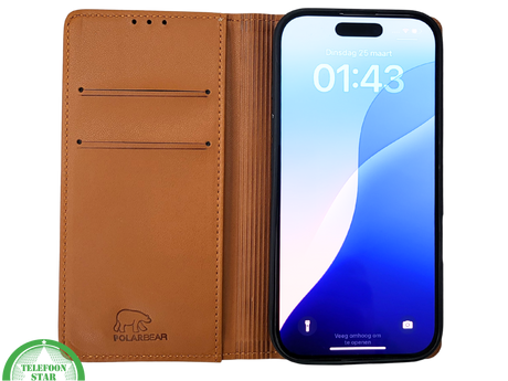 iPhone 16 Pro Max Bookcase Hoesje Cognac &ndash; Leren Look met Magnetische Sluiting