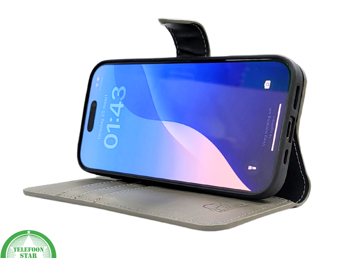 iPhone 16 Pro Max Insteekhoesje Olijfgroen &ndash; Leren Look met Open Bovenkant