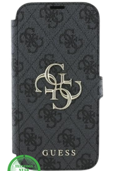 Hoesje voor iPhone 15 Bookcase &ndash; Luxe Zwart Lederen Look met Goudkleurig Logo