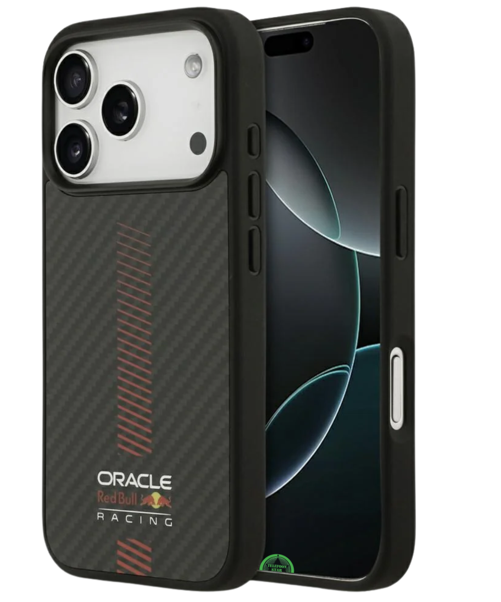 Hoesje voor iPhone 17 Pro Zwart Carbon Look met Rode Accentlijn