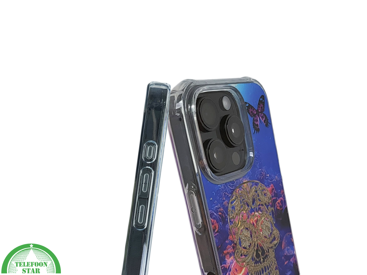 iPhone 16 Pro Hoesje Gouden Skull Design Transparant Telefoonhoesje met Paarse Bloemenprint