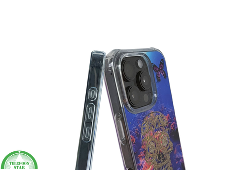 iPhone 16 Pro Hoesje Gouden Skull Design Transparant Telefoonhoesje met Paarse Bloemenprint