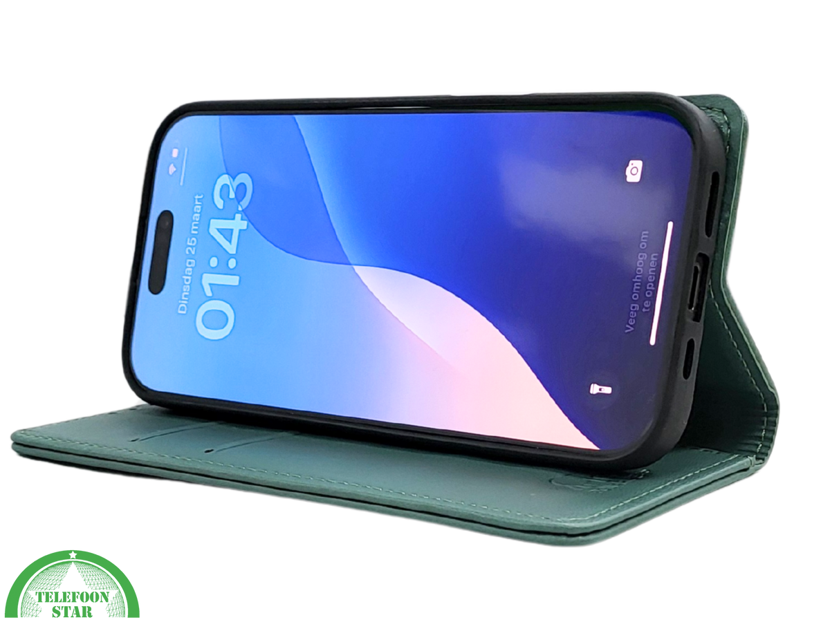 iPhone 16 Pro Bookcase Hoesje Donkergroen &ndash; Luxe Leren Look met Magnetische Sluiting
