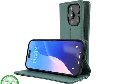 iPhone 16 Pro Bookcase Hoesje Donkergroen &ndash; Luxe Leren Look met Magnetische Sluiting