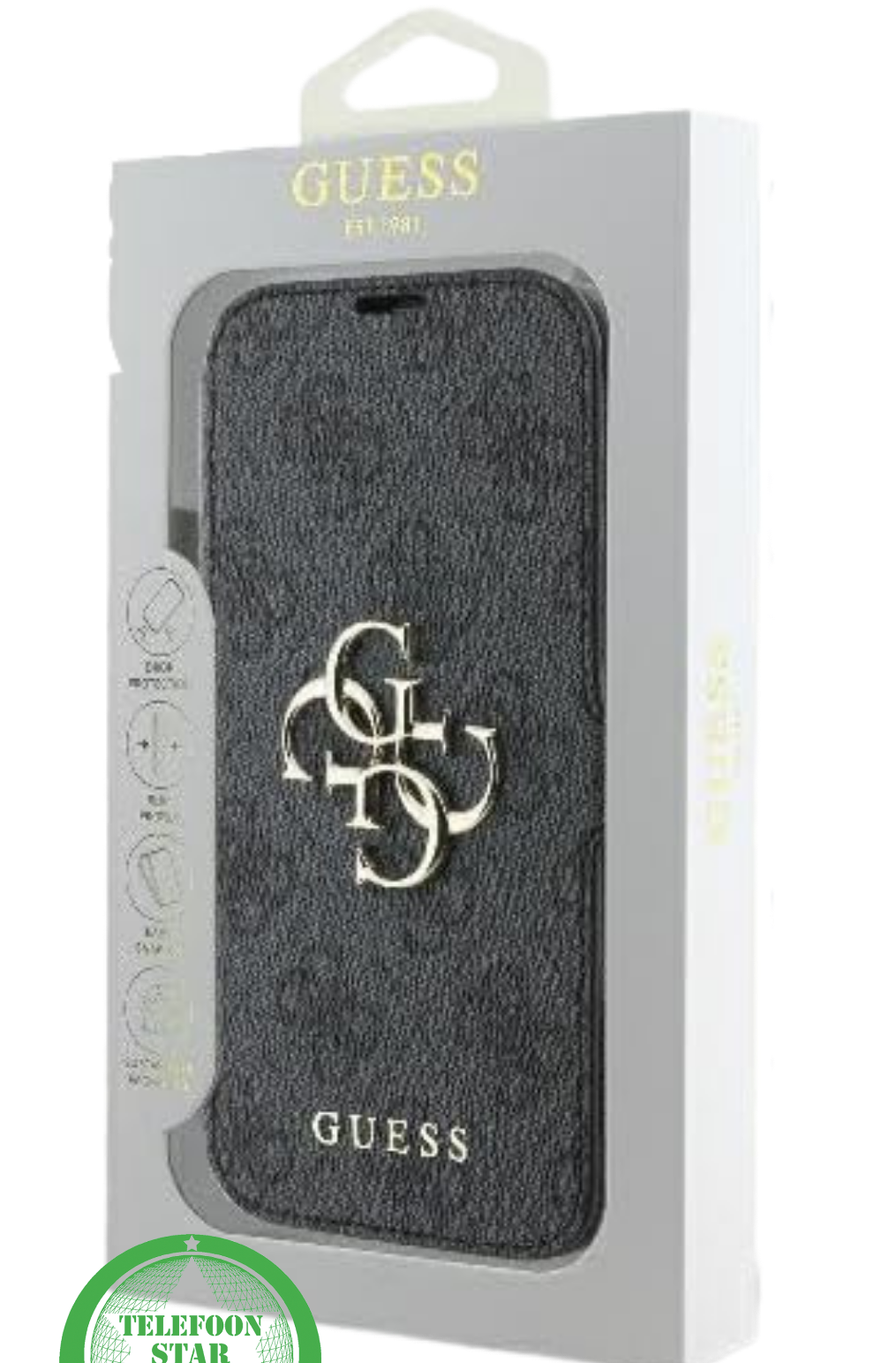 Hoesje voor iPhone 15 Bookcase &ndash; Luxe Zwart Lederen Look met Goudkleurig Logo